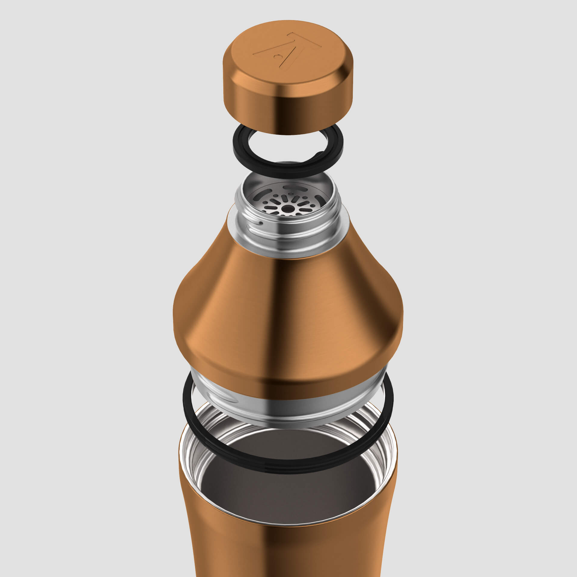 Exploded view of Brushed Copper Elevated Craft Hybrid Cocktail Shaker showcasing lid, gaskets, measuring top with strainer, and tumbler