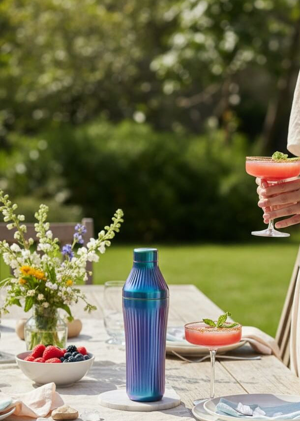 Cocktail shaker and drinks on an outdoor table for guests and place settings