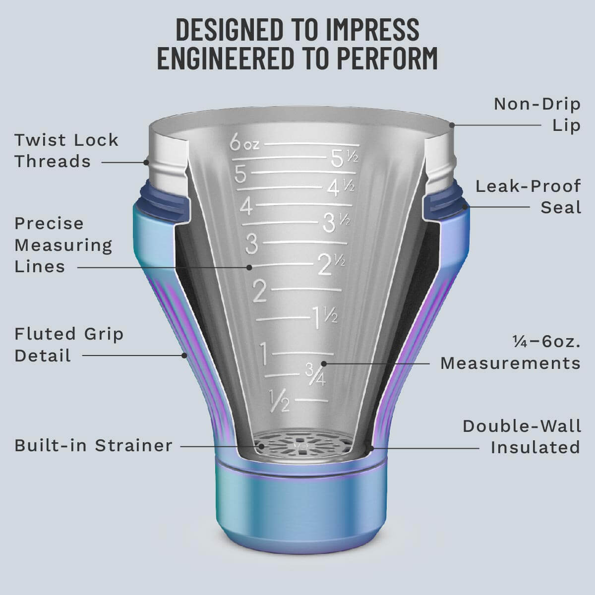 Shaker with measurement markings and features labeled on a light gray background