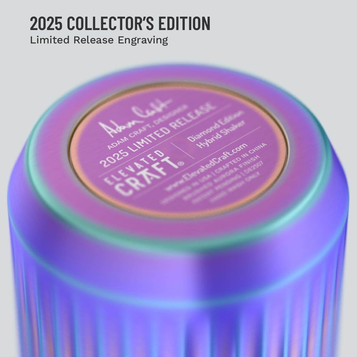 Purple and pink cylindrical product with 'Elevate & Craft' branding on a light gray background