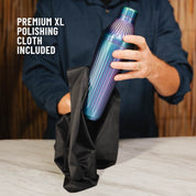 Person holding a metallic bottle with a black polishing cloth, with text 'Premium XL Polishing Cloth Included'.