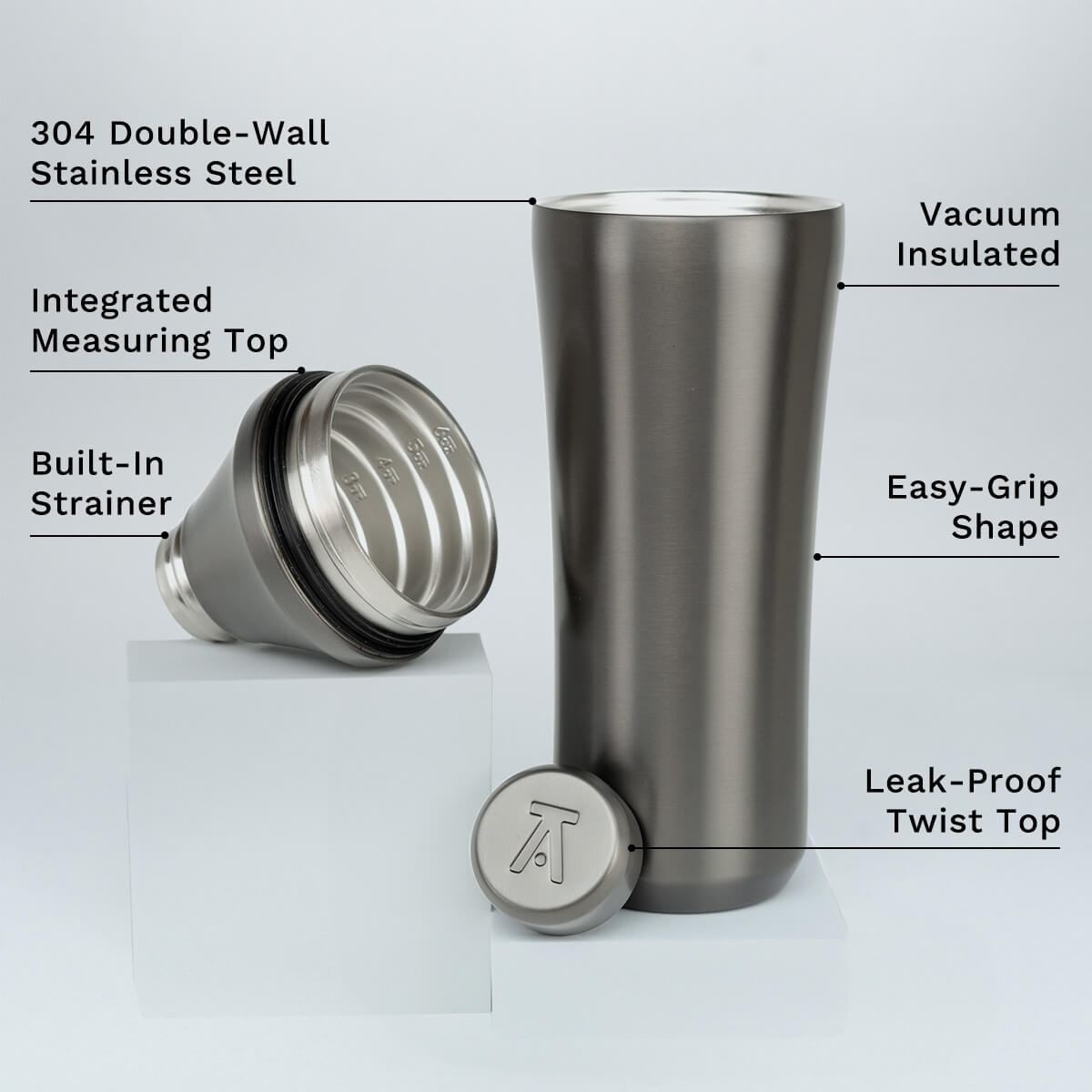 Elevated Craft Gunmetal Black Hybrid Cocktail Shaker split up with feature callouts