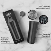 Layflat view of Gunmetal Black Elevated Craft Hybrid Cocktail Shaker parts with packaging