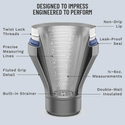 Measuring cup with labeled features on a light blue background