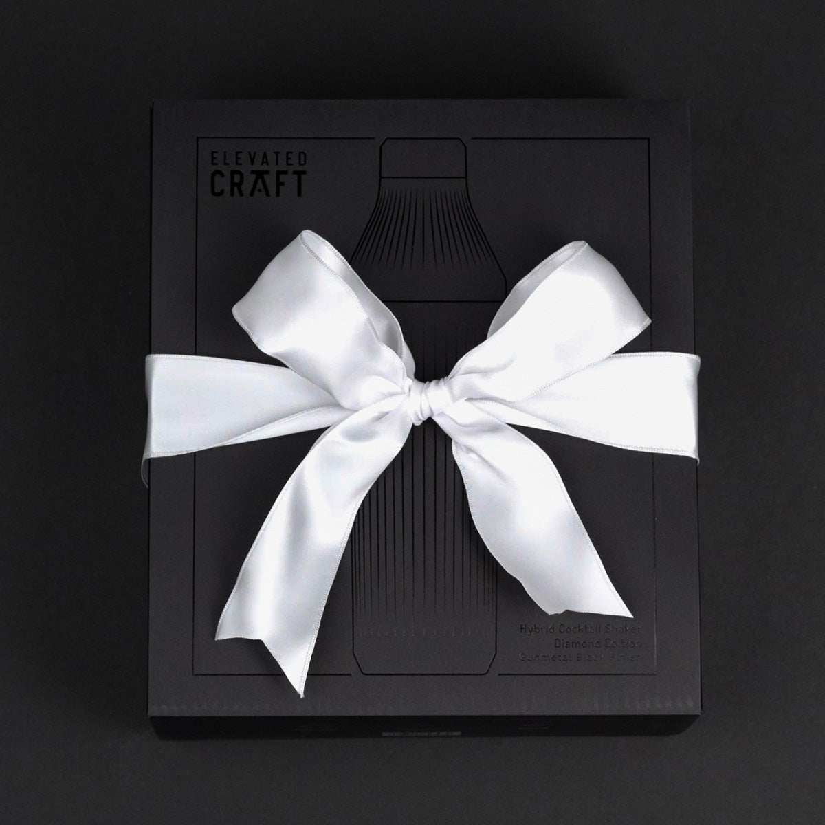 Gunmetal Black Elevated Craft Diamond Edition Hybrid Cocktail Shaker packaging with white bow