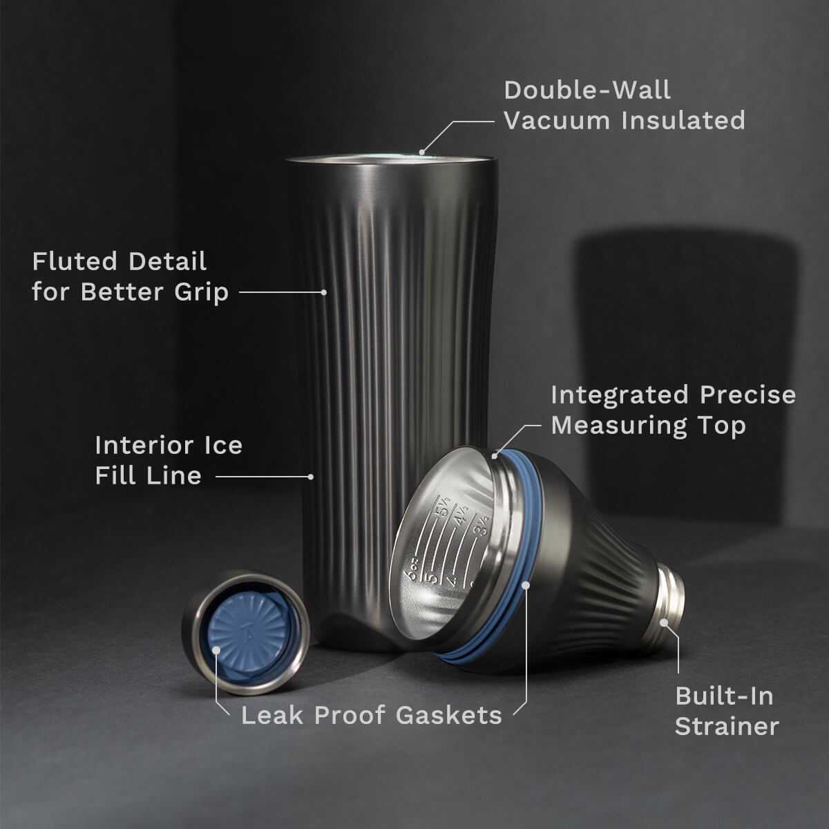 Gunmetal Black Elevated Craft Diamond Edition Hybrid Cocktail Shaker split up into parts to showcase tumbler, measuring top and lid