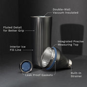 Gunmetal Black Elevated Craft Diamond Edition Hybrid Cocktail Shaker split up into parts to showcase tumbler, measuring top and lid