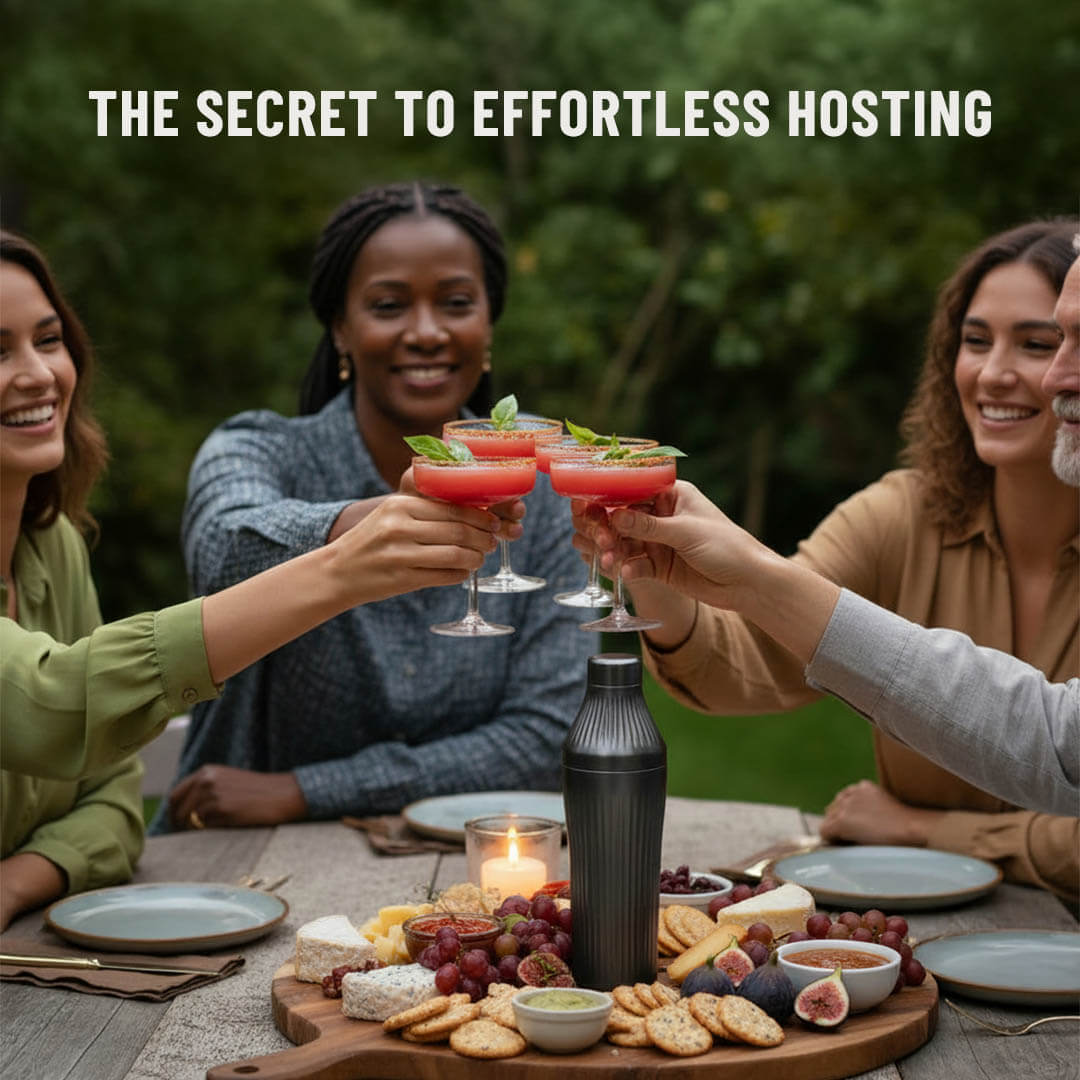 People sitting around cheersing cocktails with a cocktail shaker