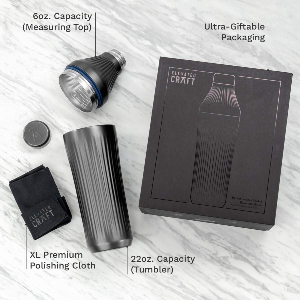 Elevated Craft product set with tumbler, measuring top, polishing cloth, and packaging on a light wooden surface.