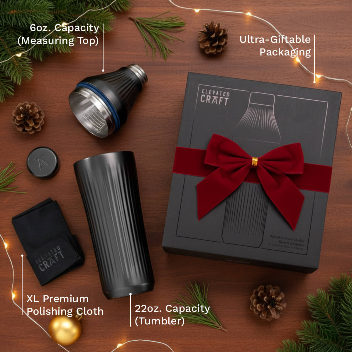 Elevated Craft product set with tumbler, measuring top, polishing cloth, and packaging on a wooden surface with decorative elements.