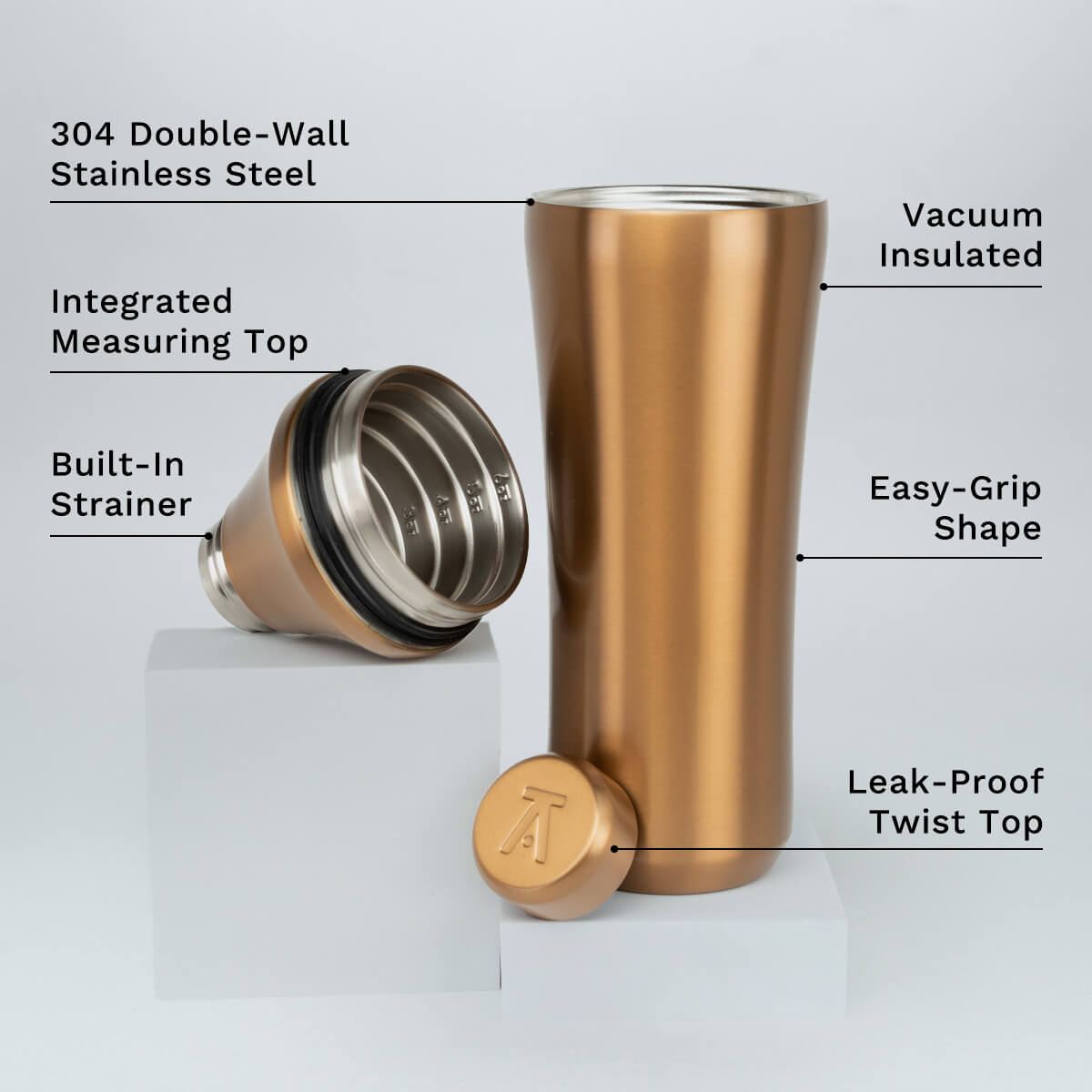 Elevated Craft Brushed Copper Hybrid Cocktail Shaker split up with feature callouts