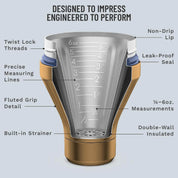 Measuring cup with labeled features on a light blue background