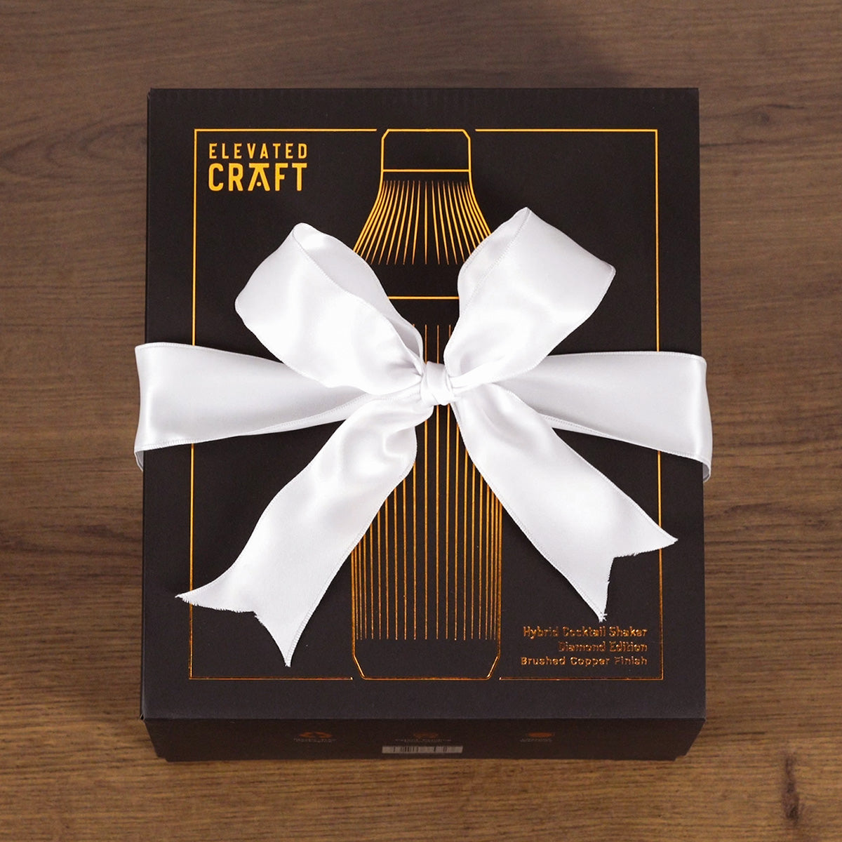Brushed Copper Elevated Craft Diamond Edition Hybrid Cocktail Shaker packaging with white bow