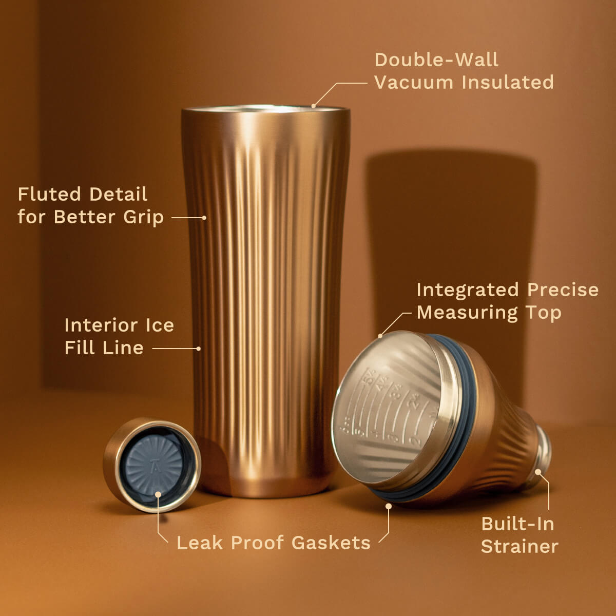 Brushed Copper Elevated Craft Diamond Edition Hybrid Cocktail Shaker split up into parts to showcase tumbler, measuring top and lid