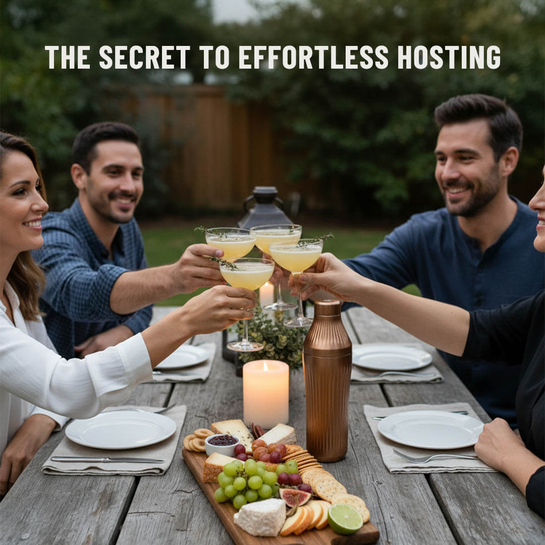 People sitting around cheersing cocktails with a cocktail shaker in the middle of the table