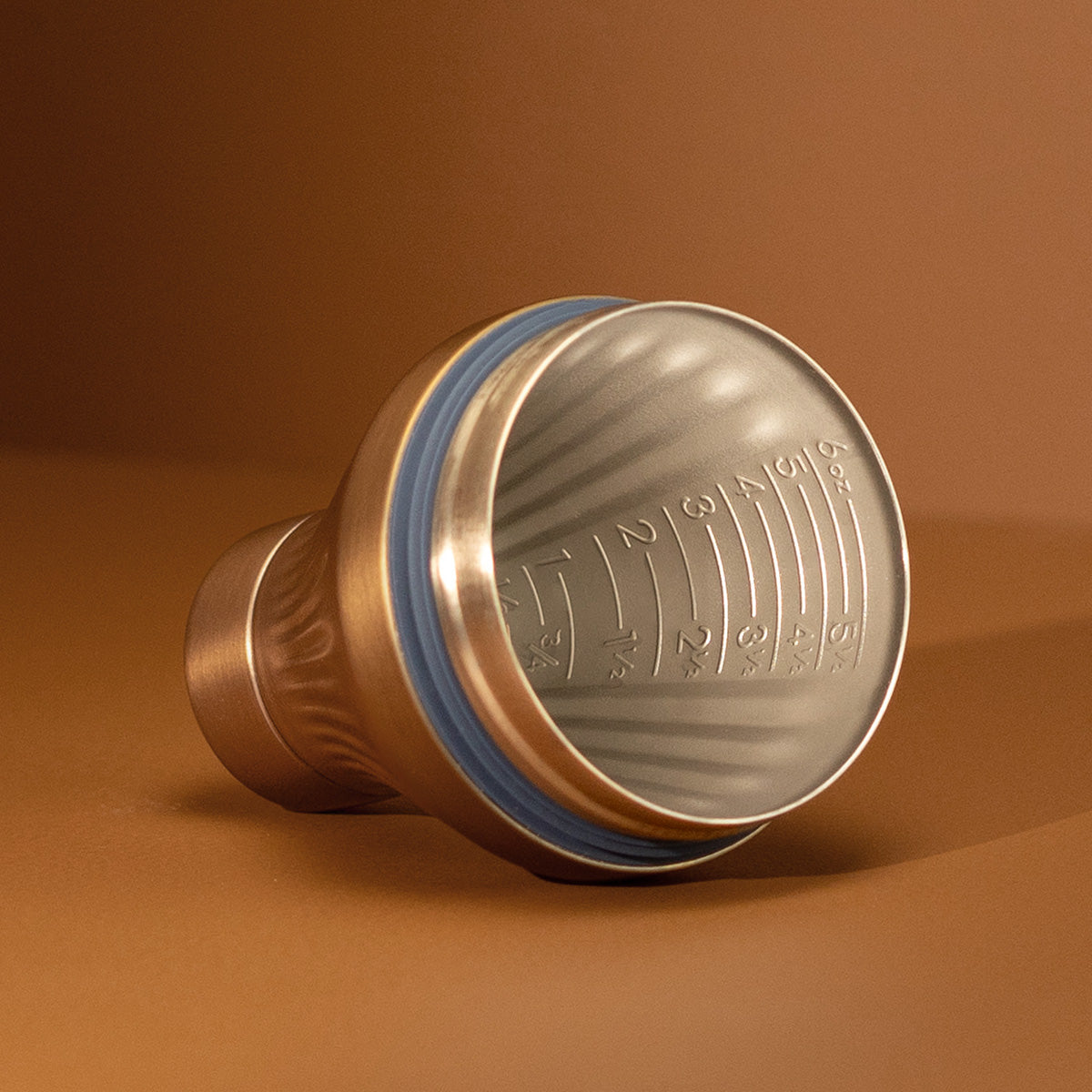 Brushed Copper Elevated Craft Diamond Edition Hybrid Cocktail Shaker measuring top showcasing measurement lines