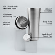 Elevated Craft Brushed Stainless Hybrid Cocktail Shaker split up with feature callouts