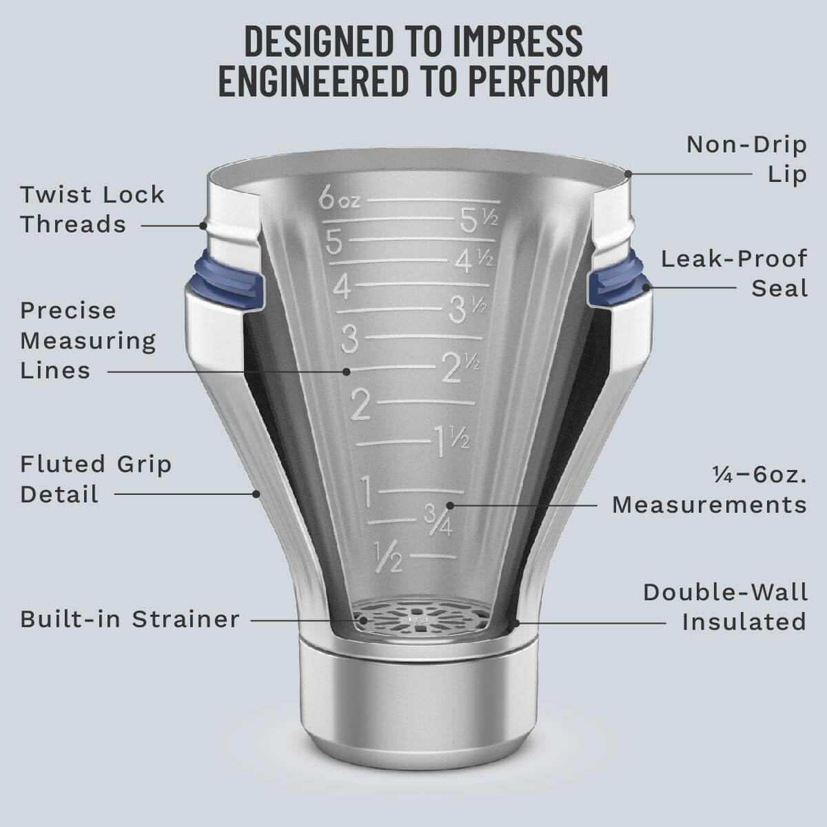 Stainless steel measuring cup with labeled features on a gray background