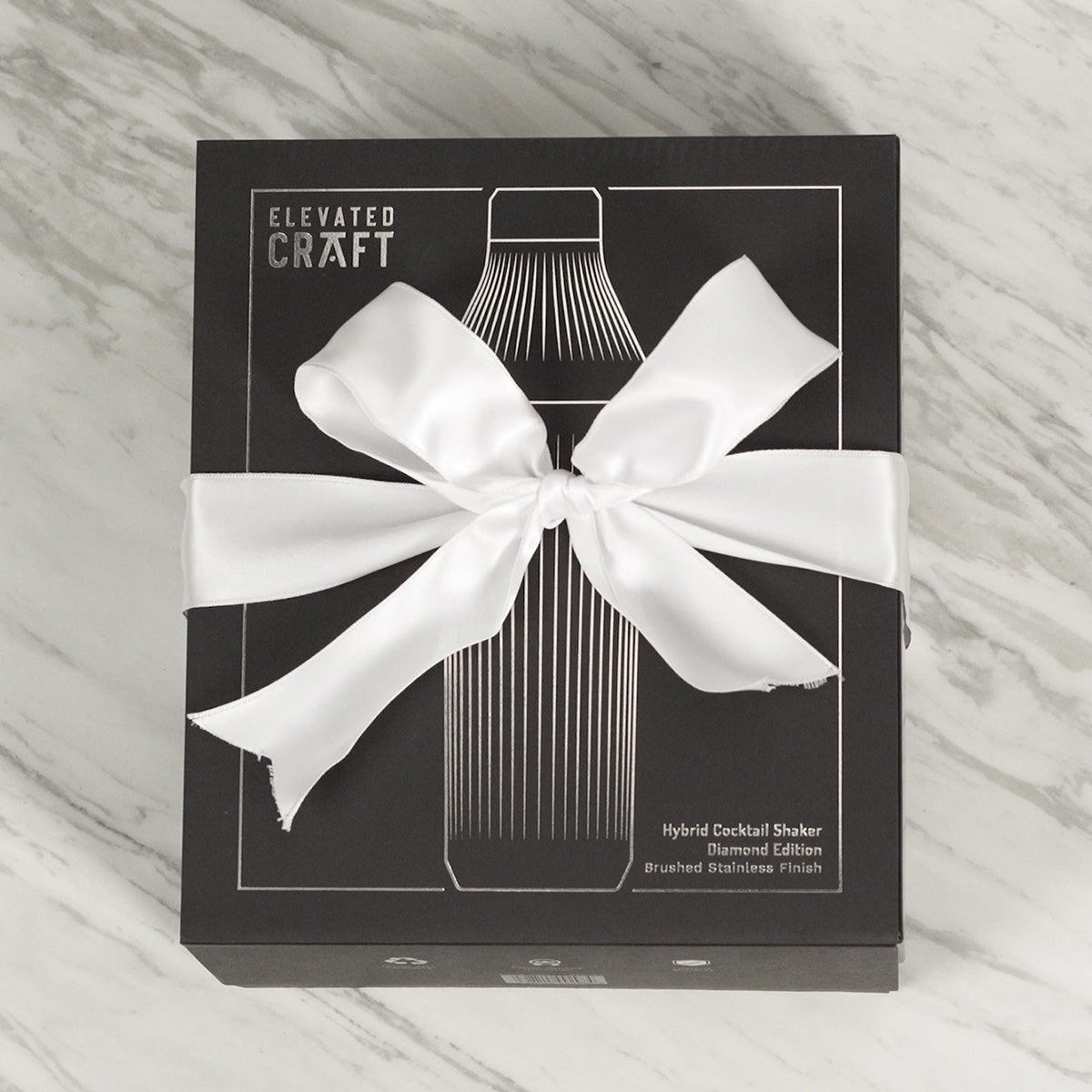 Stainless Steel Elevated Craft Diamond Edition Hybrid Cocktail Shaker packaging with white bow