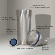 Stainless Steel Elevated Craft Diamond Edition Hybrid Cocktail Shaker split up into parts to showcase tumbler, measuring top and lid