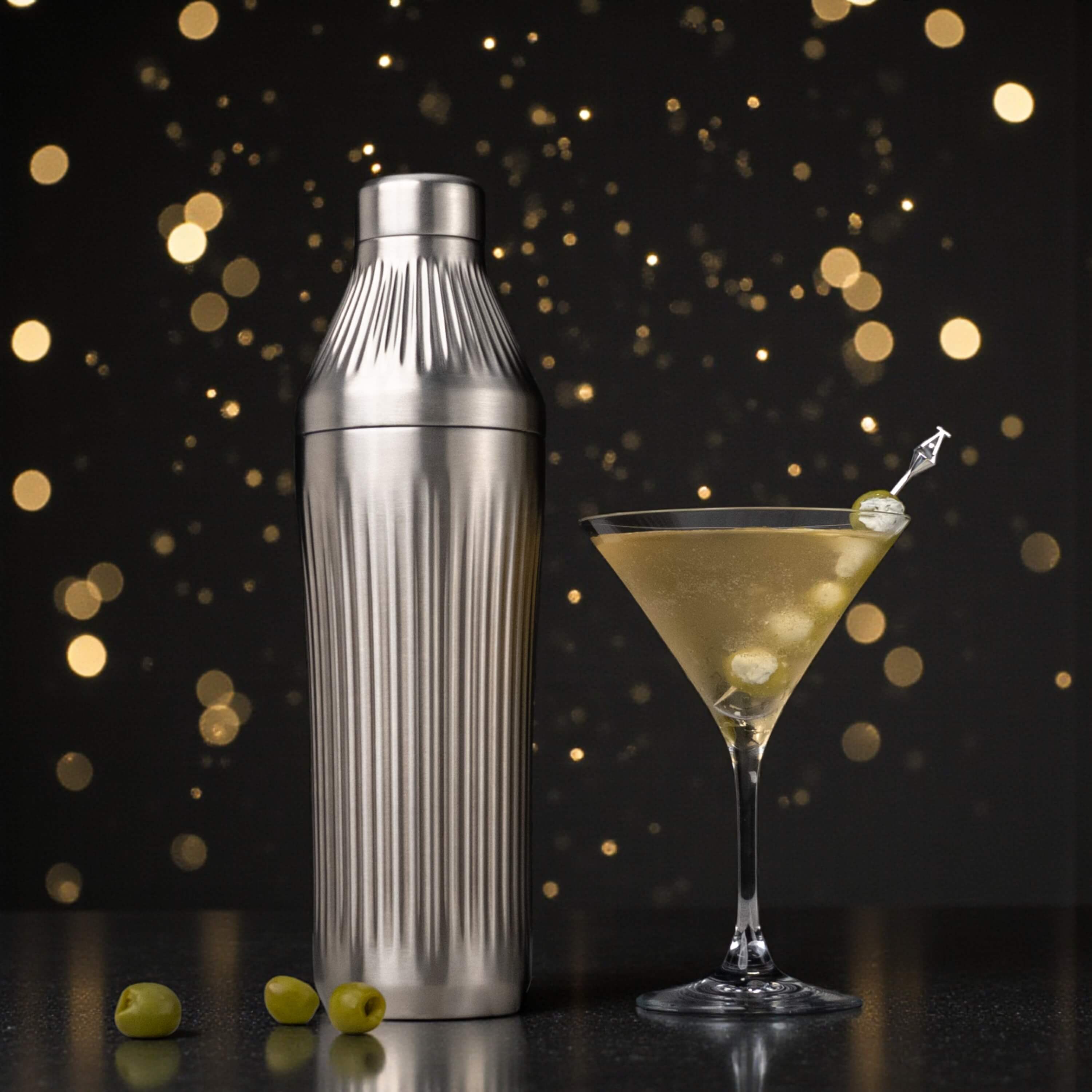 Metal cocktail shaker next to a glass of cocktail with a dark background and bokeh lights.