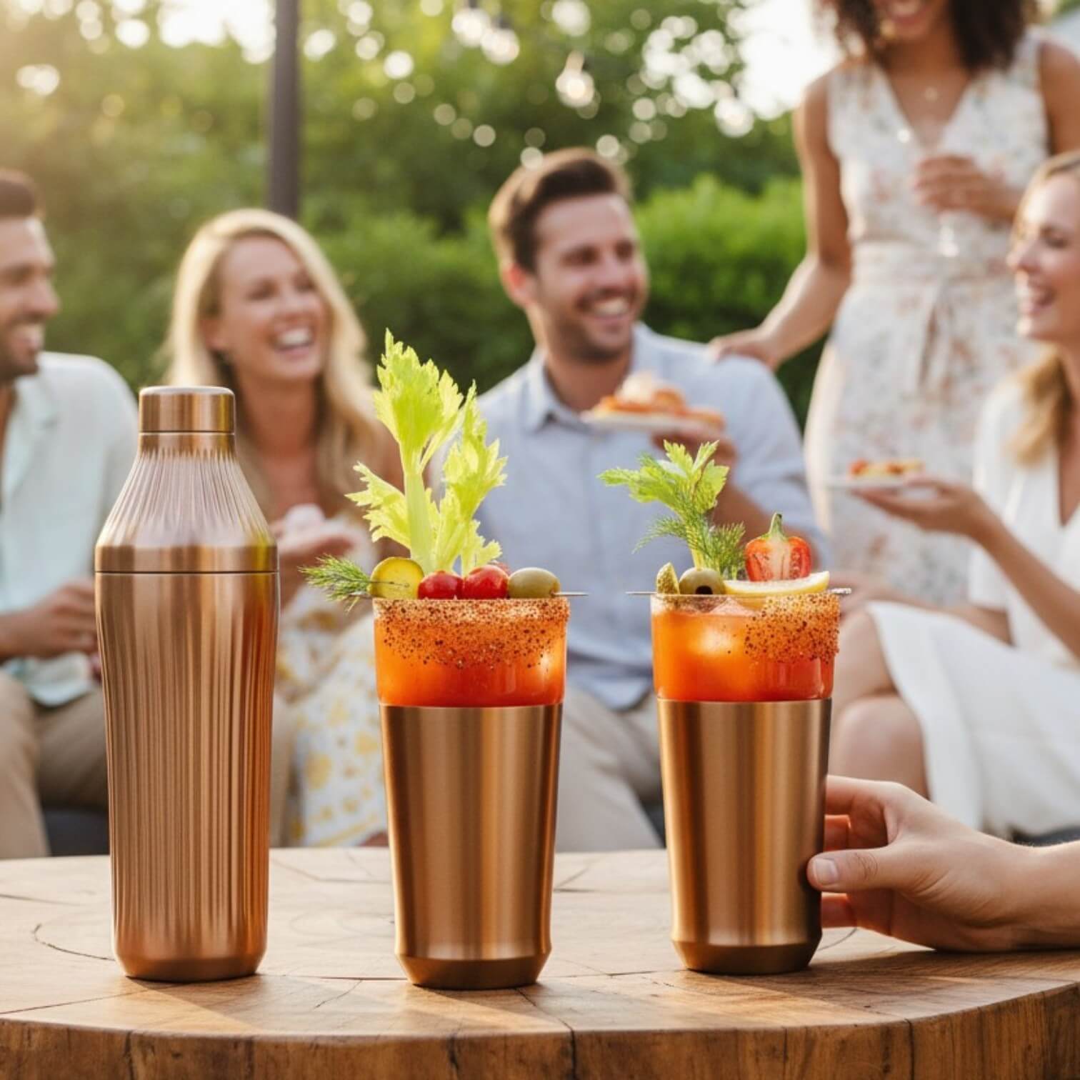 Outdoor table with a cocktail shaker and 2 glasses with bloody mary cocktails in them with people in the background