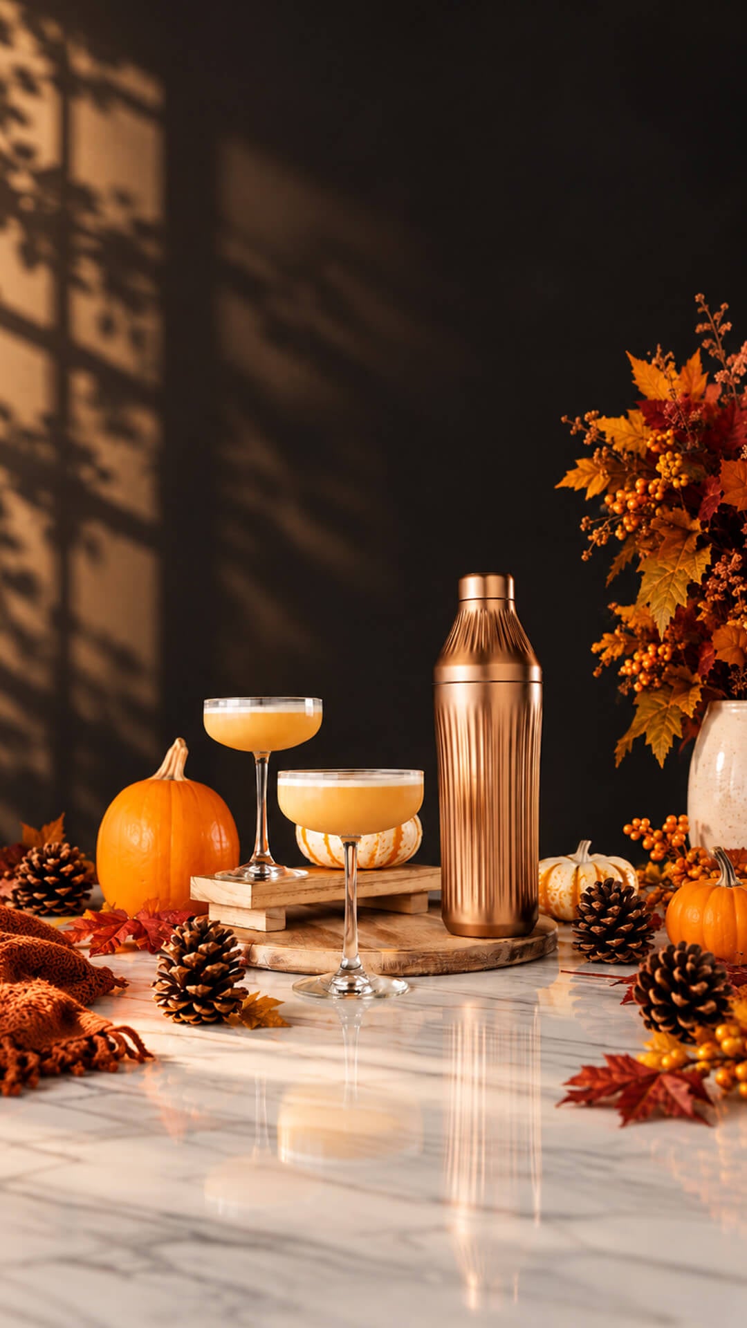 Cocktail Shaker in a fall scene next to 2 drinks in their cups