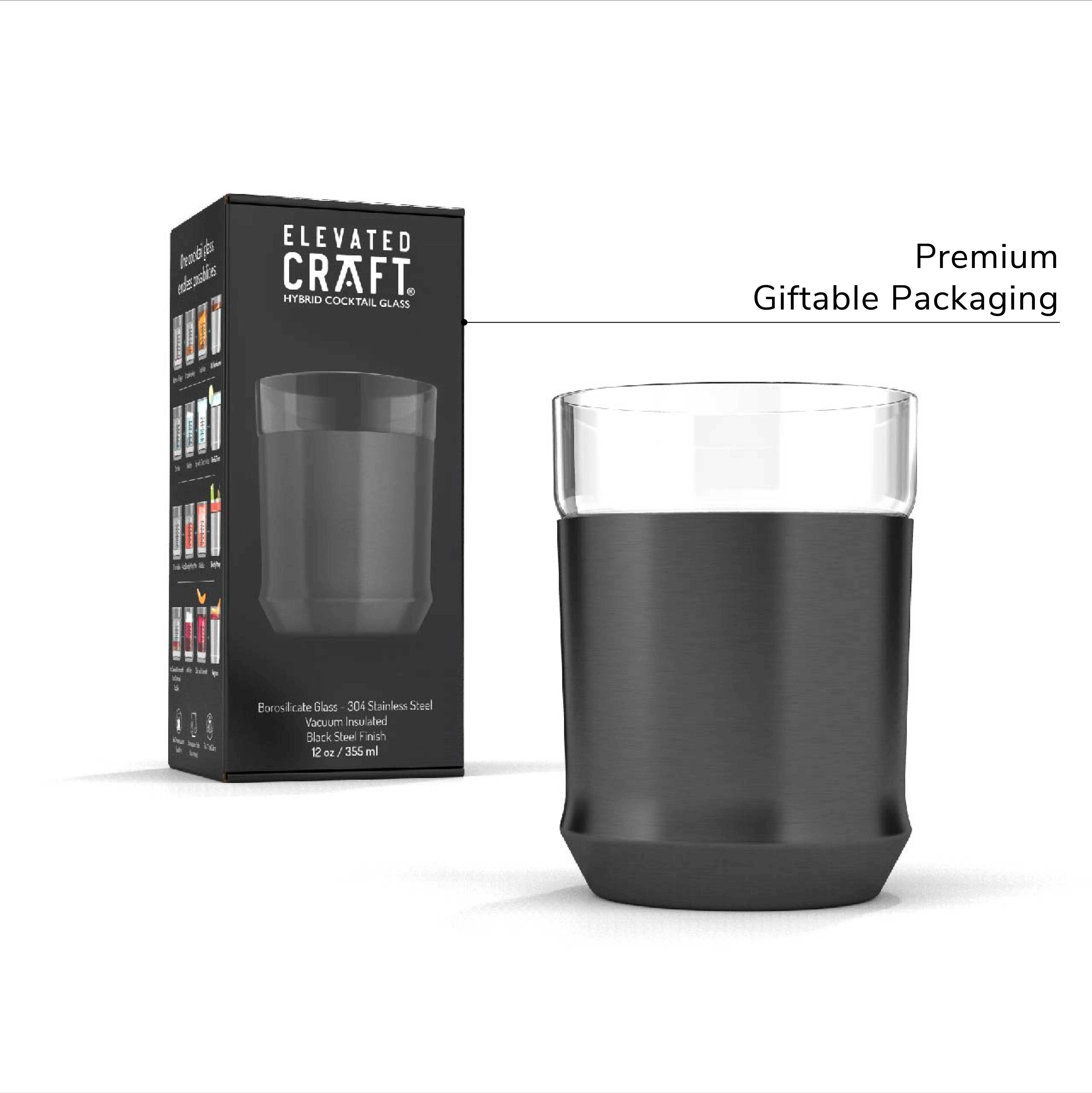 The gunmetal black finish Elevated Craft Hybrid Cocktail Glass in the foreground and the premium giftable packaging in the background