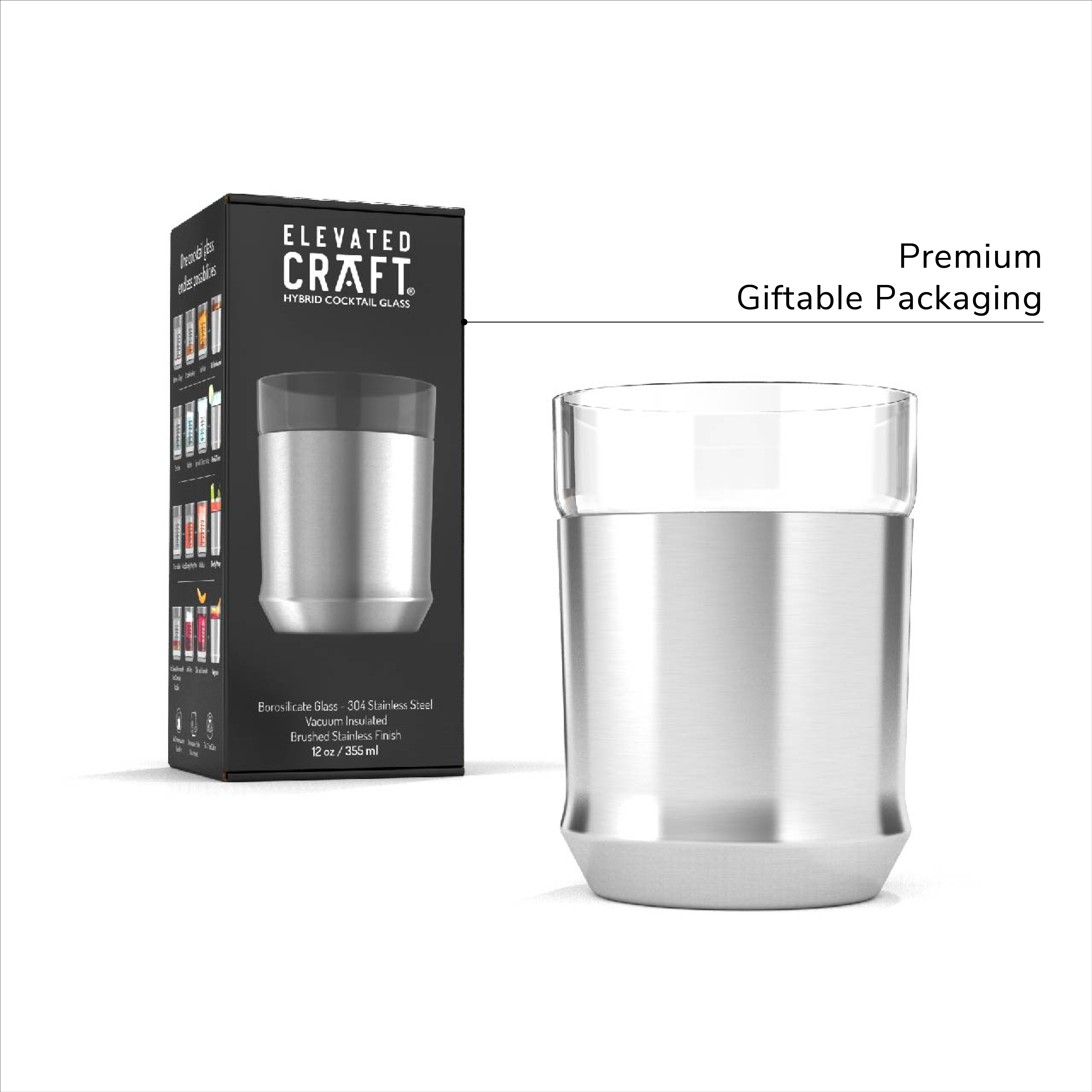 Elevated Craft Hybrid Cocktail Glass in Brushed Stainless finish next to giftable premium packaging