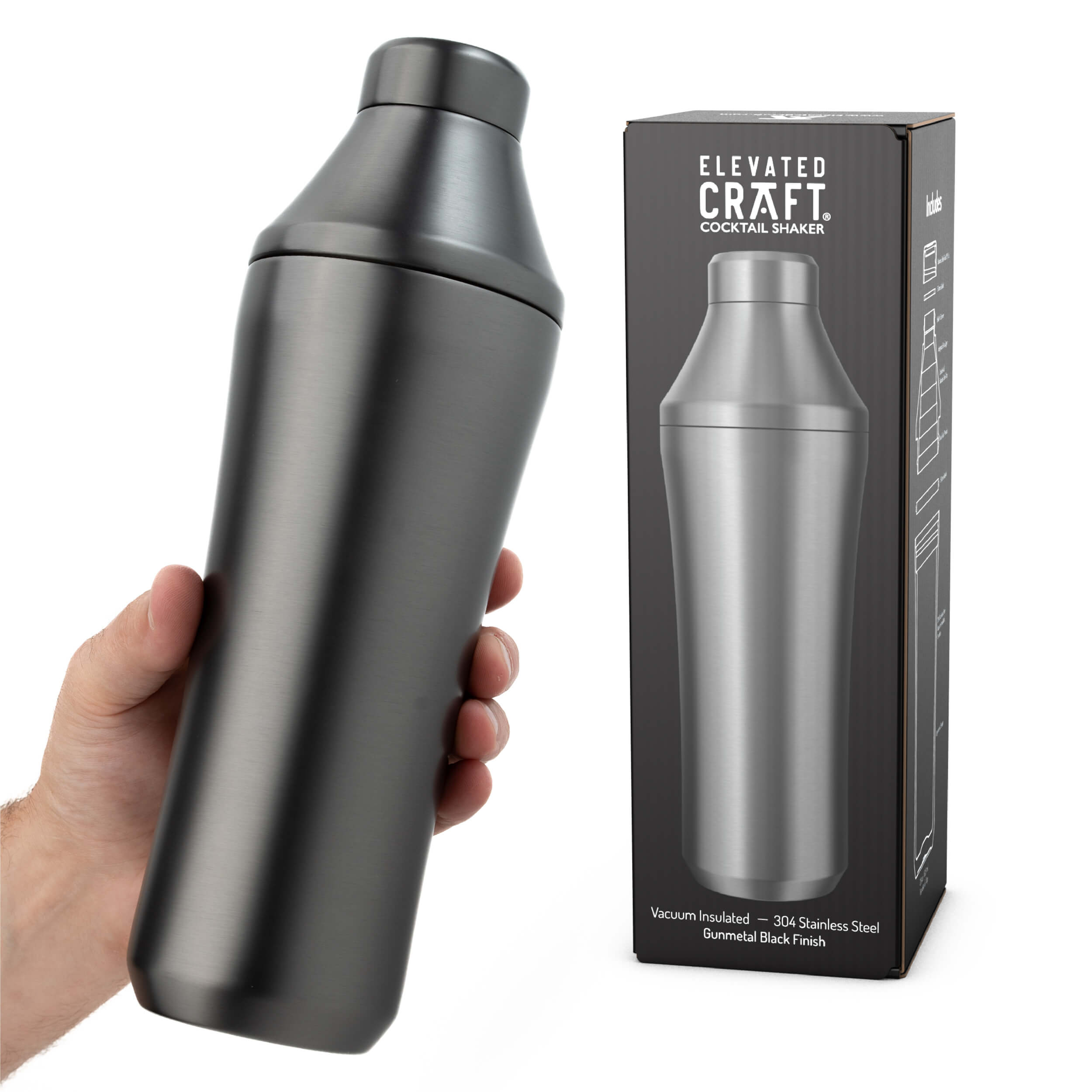 Gunmetal Black Elevated Craft Hybrid Cocktail Shaker with packaging