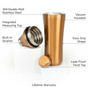 Brushed Copper Elevated Craft Hybrid Cocktail Shaker split into parts showcasing measuring top, lid, and tumbler