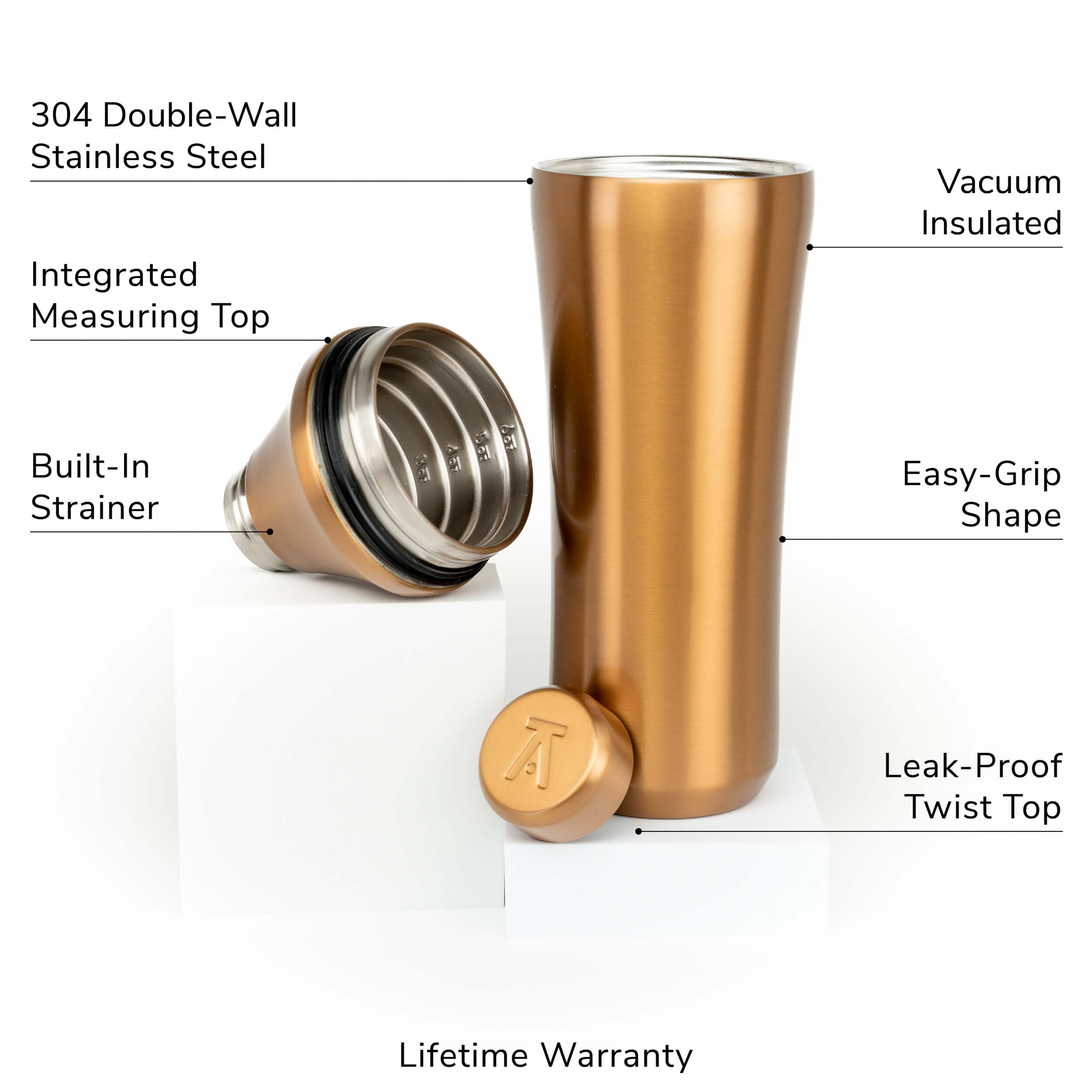 Brushed Copper Elevated Craft Hybrid Cocktail Shaker split into parts showcasing measuring top, lid, and tumbler