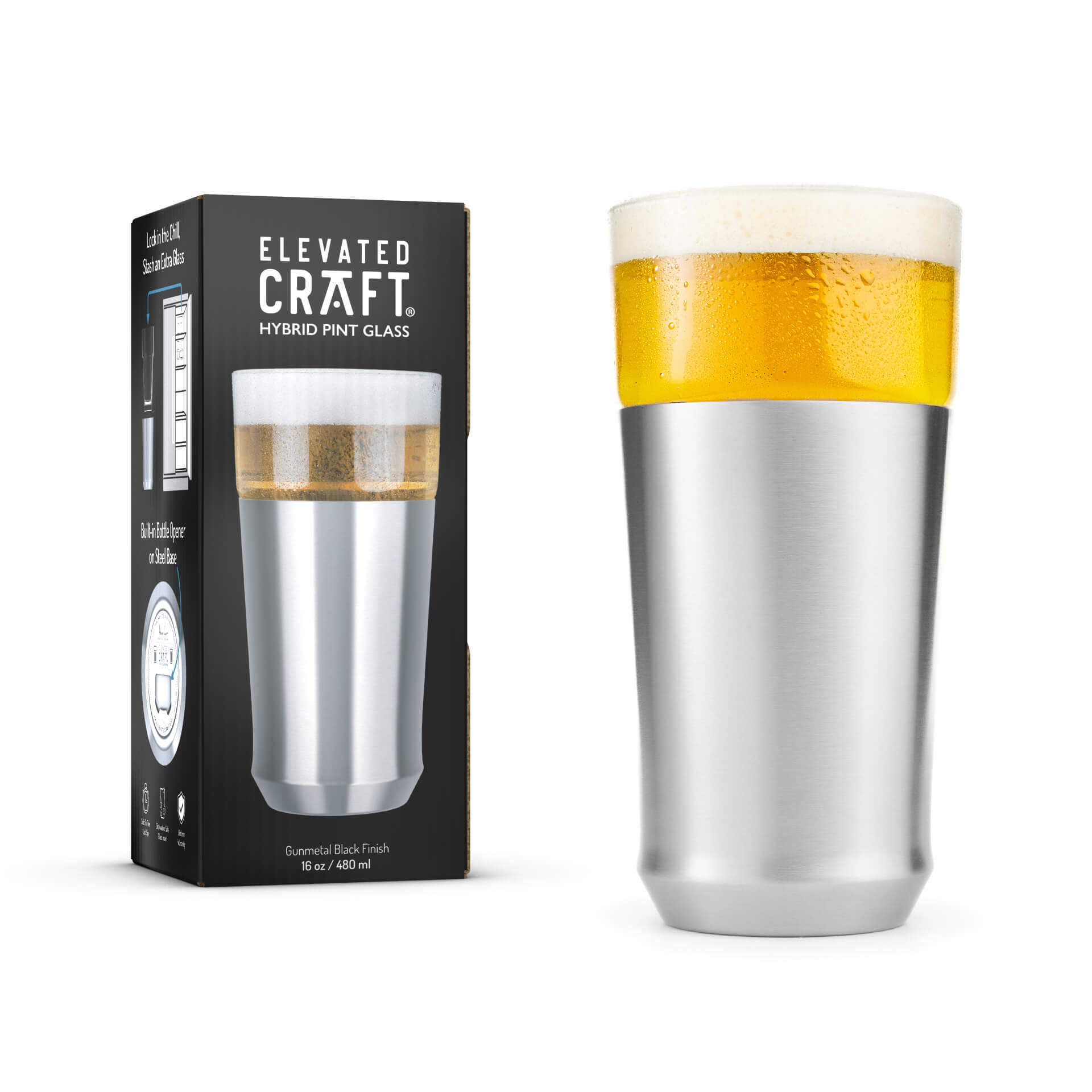 Brushed Stainless Steel Hybrid Pint Glass in foreground with premium giftable packaging in background