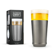 Brushed Stainless Steel Hybrid Pint Glass in foreground with premium giftable packaging in background