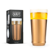 Brushed copper finish Elevated Craft Hybrid Pint Glass in foreground with premium giftable packaging in background