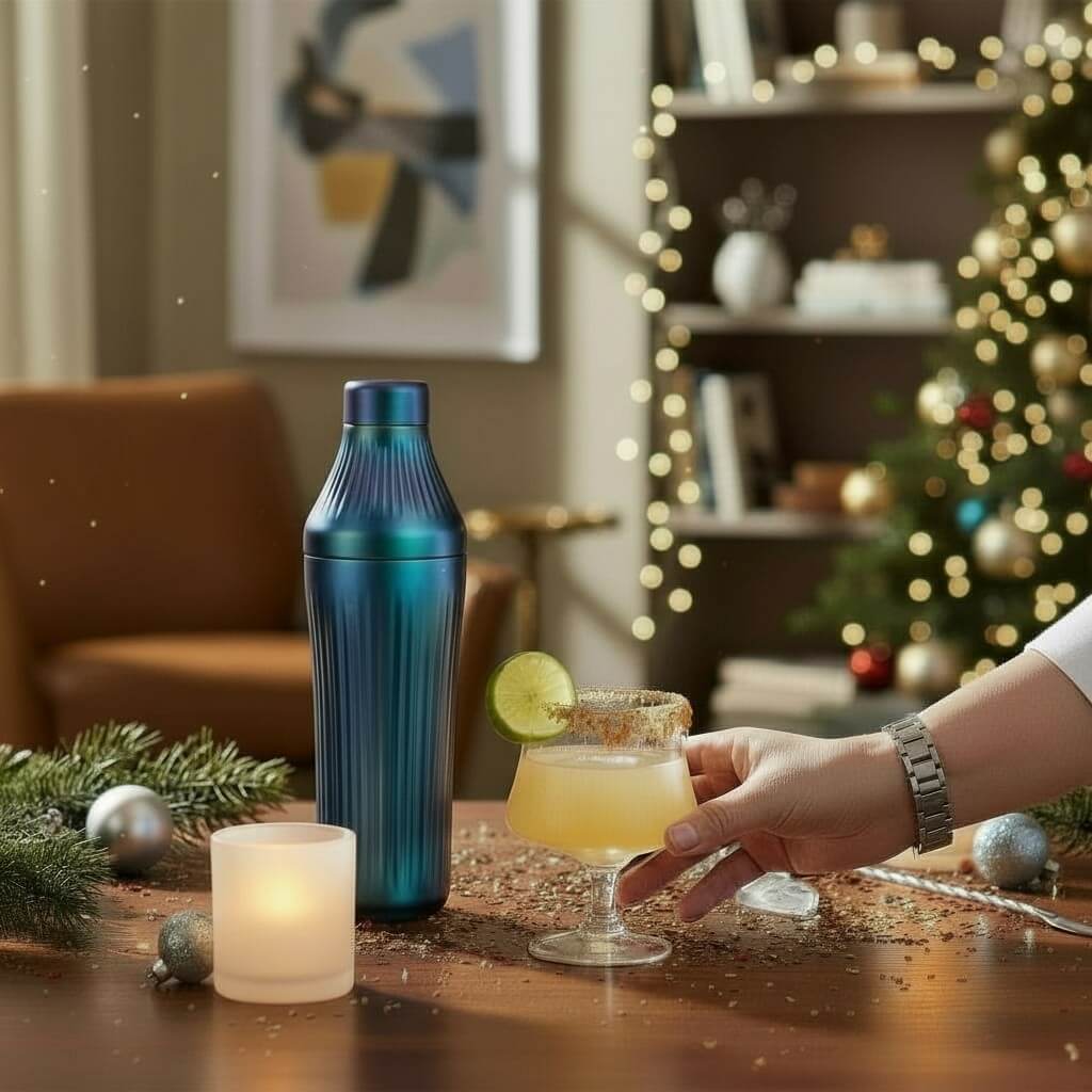 person holding a cocktail that is sitting on a wooden surface with holiday decorations. 