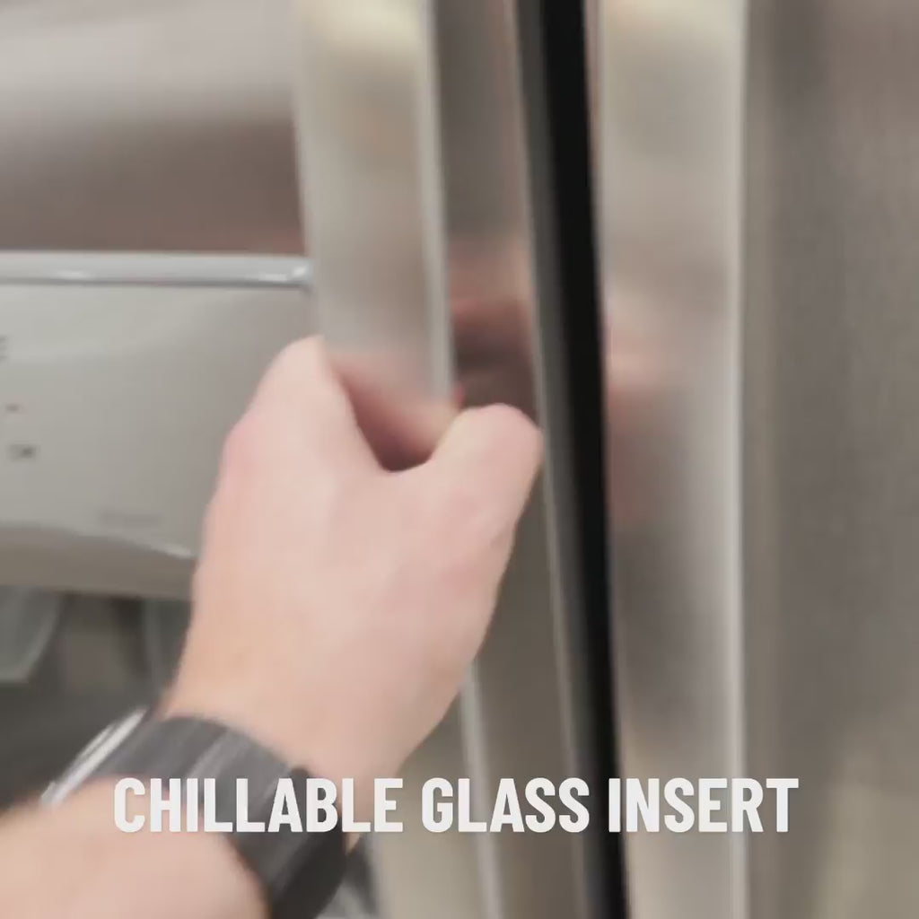 Video showing the glass insert in a freezer and being inserted into hybrid steel base. 