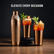 Gif of brushed copper Elevated Craft Diamond Edition Cocktail Shaker next to two Hybrid Pint Glasses with drinks changing in each frame, dark background. 