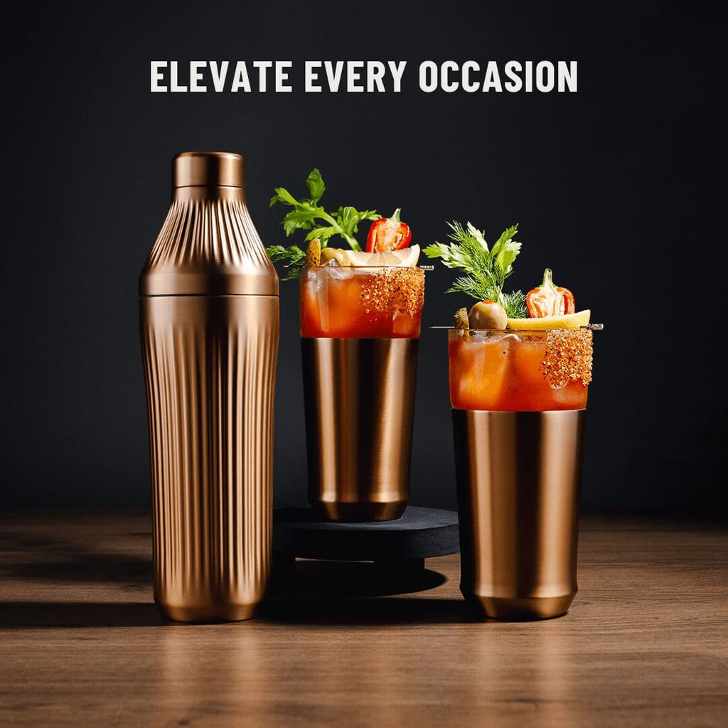 Gif of brushed copper Elevated Craft Diamond Edition Cocktail Shaker next to two Hybrid Pint Glasses with drinks changing in each frame, dark background. 