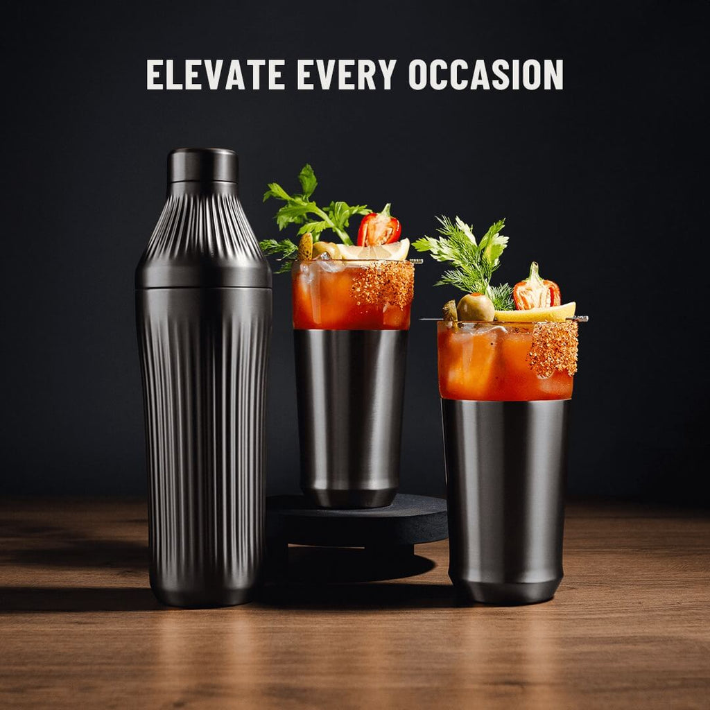 Gif of Gunmetal Elevated Craft Diamond Edition Cocktail Shaker next to two Hybrid Pint Glasses with drinks changing in each frame, dark background. 