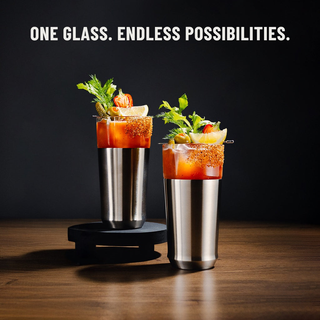 Two stainless steel pint glasses holding cocktails and beer