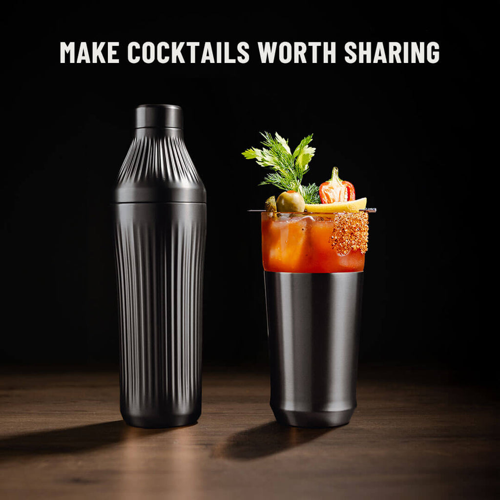 Cocktail shaker next to various drinks