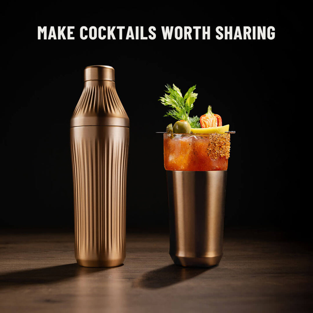 Copper cocktail shaker next to various drinks