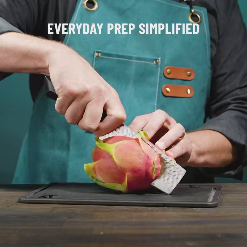 Video of knife being used to cut fruits and vegetables  with text "Everyday Prep Simplified" on grey background