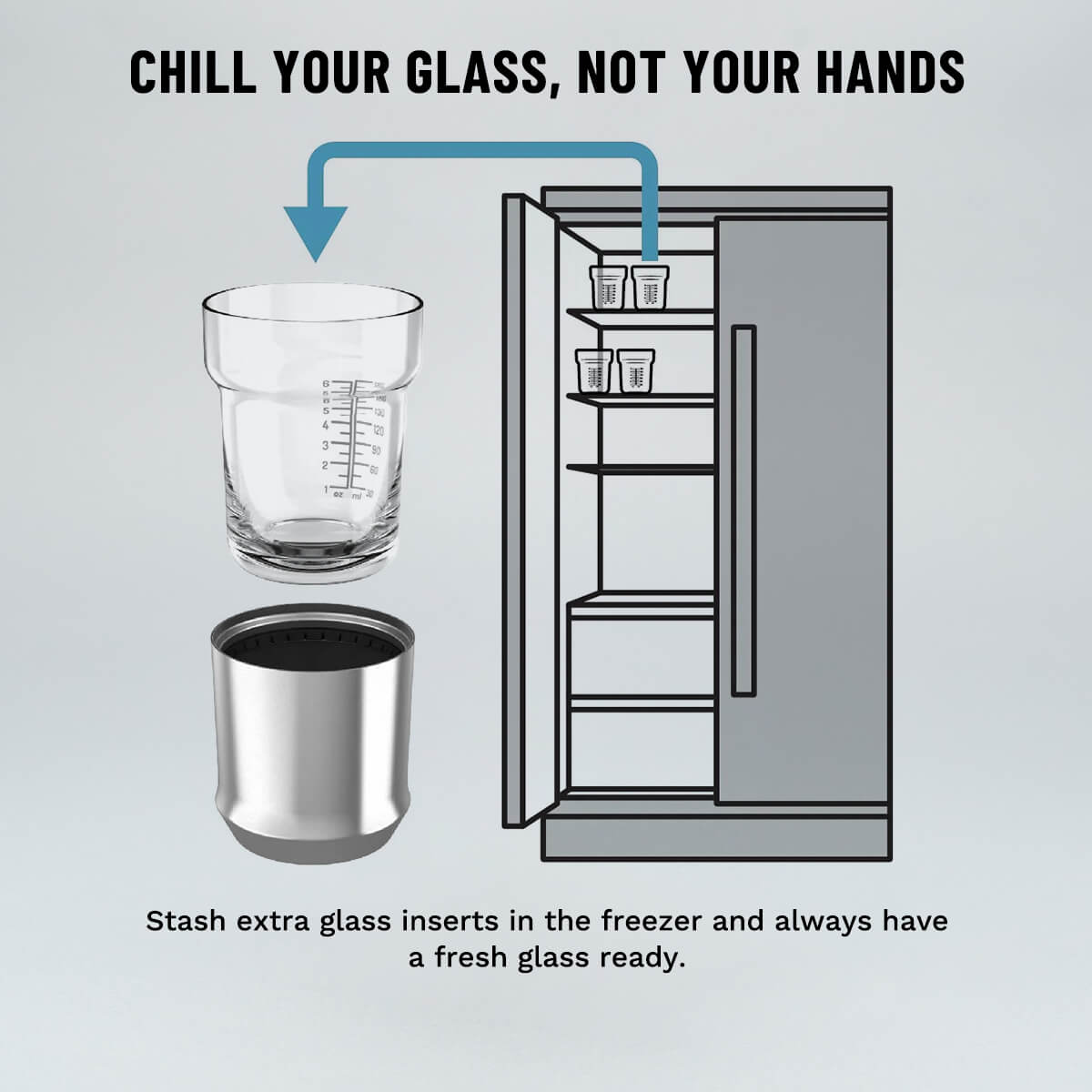 Graphic showing extra glass insert in the freezer to chill