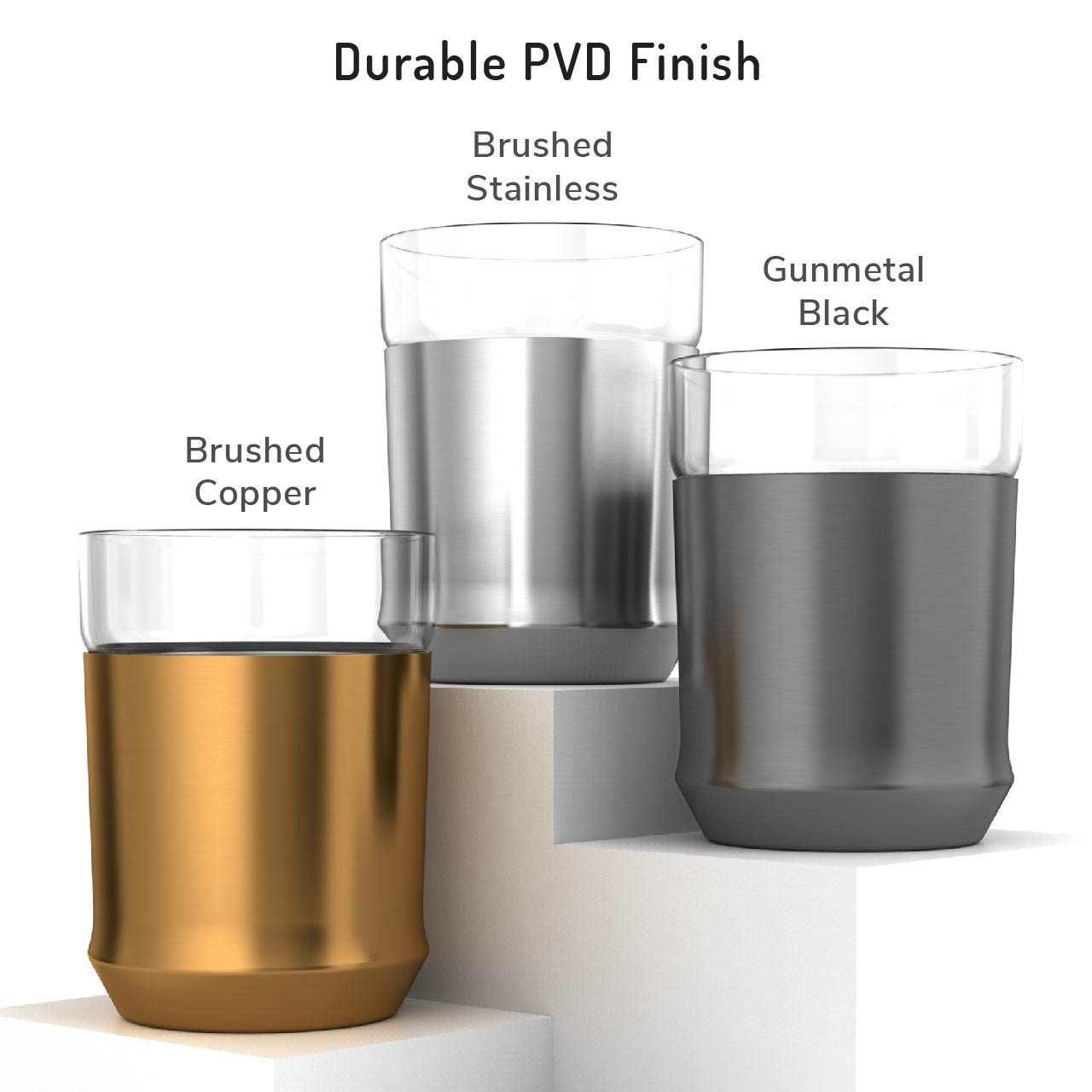 One Elevated Craft hybrid cocktail glass in each finish brushed copper brushed stainless and gunmetal black