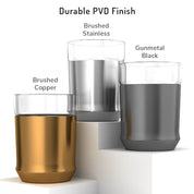 One Elevated Craft hybrid cocktail glass in each finish brushed copper brushed stainless and gunmetal black