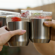 Four Elevated Craft hybrid cocktail glasses in brushed stainless steel finishes being clinked together by four friends at a backyard party