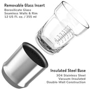 The Elevated Craft hybrid cocktail glass insert outside of the stainless finish steel base to demonstrate the assembly of the product